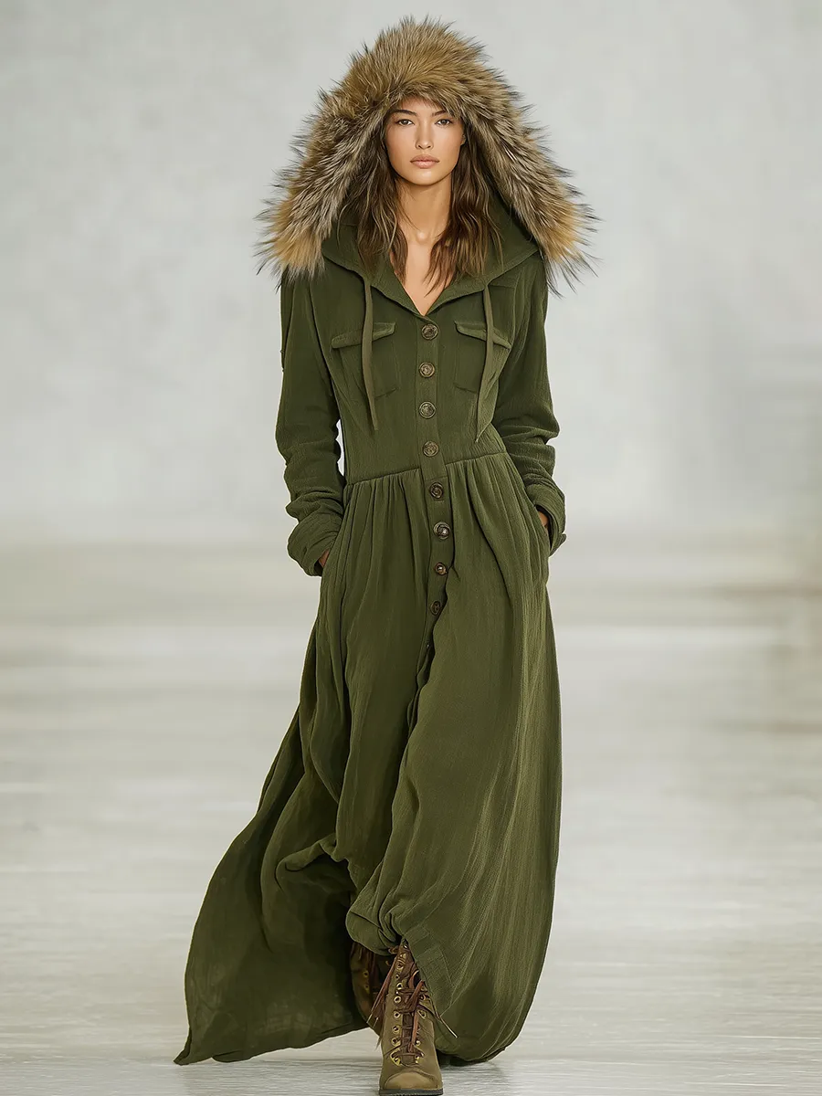 Vintage Fashion Faux Fur Hooded Maxi Dress sold by Oyrosy