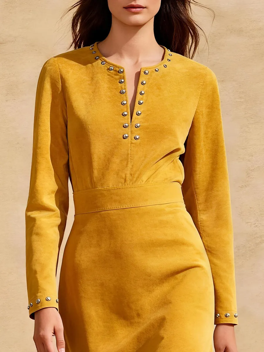 Trendy Western Rivet Tassel Yellow Faux Suede Midi Dress sold by Oyrosy product image thumbnail 3