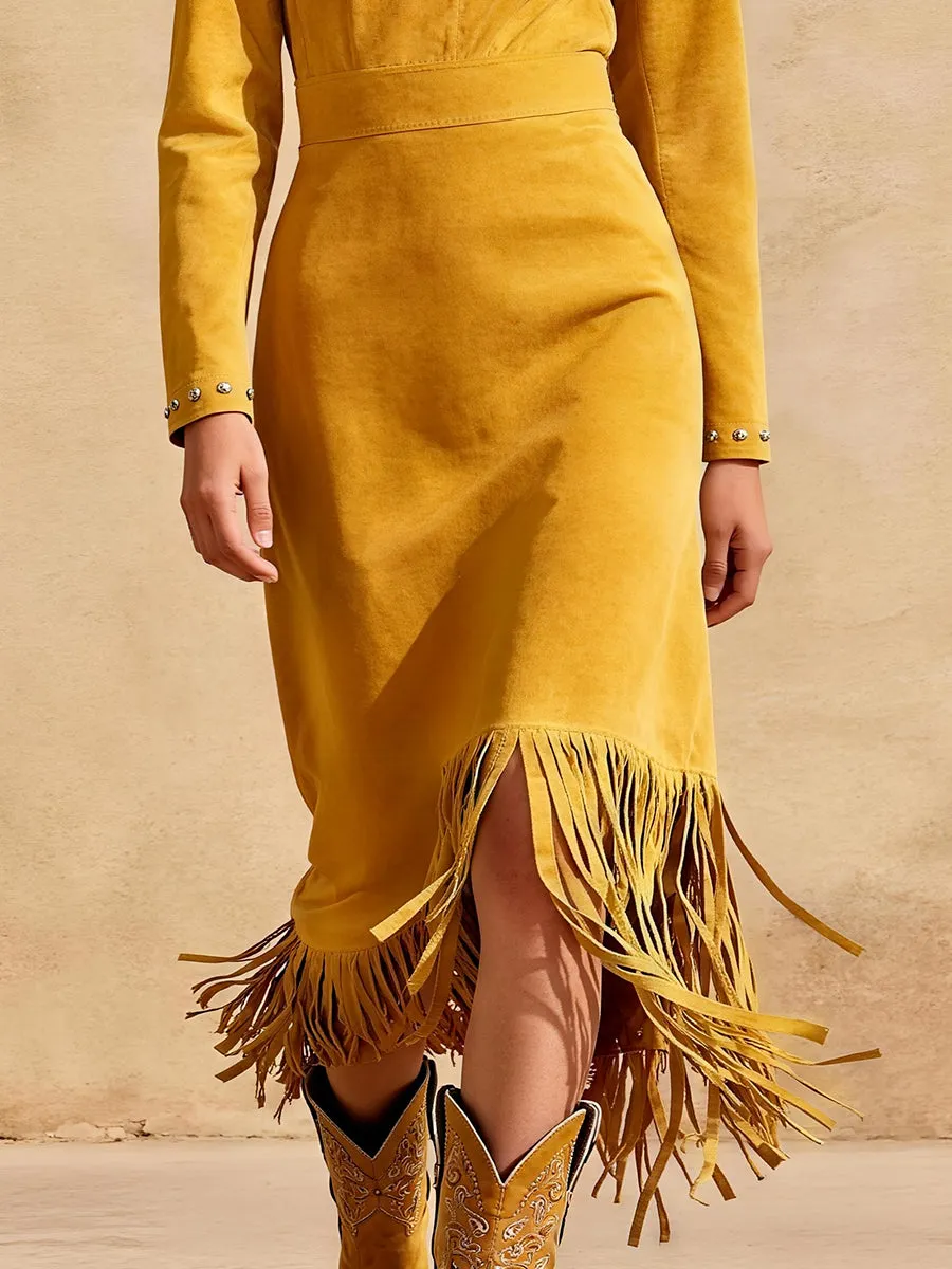 Trendy Western Rivet Tassel Yellow Faux Suede Midi Dress sold by Oyrosy product image thumbnail 4