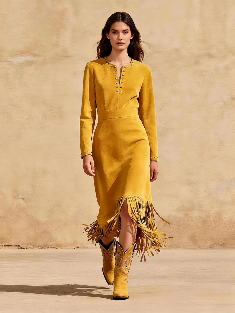 Trendy Western Rivet Tassel Yellow Faux Suede Midi Dress sold by Oyrosy product image thumbnail 2