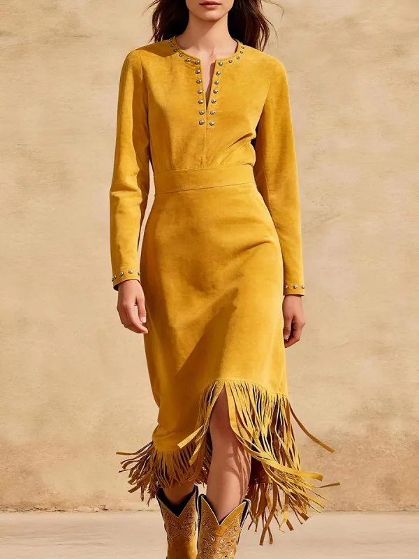 Trendy Western Rivet Tassel Yellow Faux Suede Midi Dress sold by Oyrosy