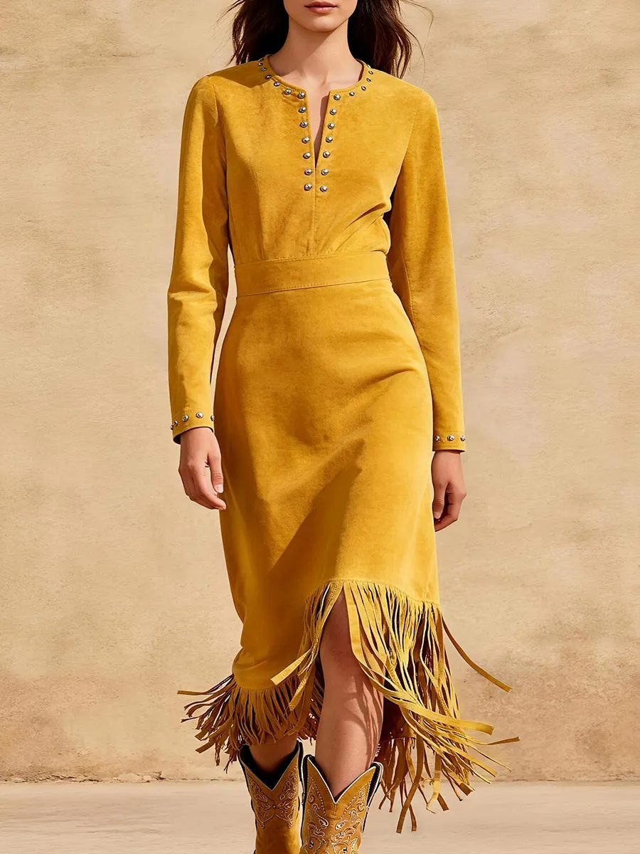 Trendy Western Rivet Tassel Yellow Faux Suede Midi Dress sold by Oyrosy