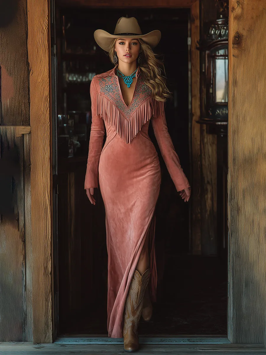 Vintage Western Tassel Embroidered Pink Faux Suede Maxi Dress sold by Oyrosy product image thumbnail 2