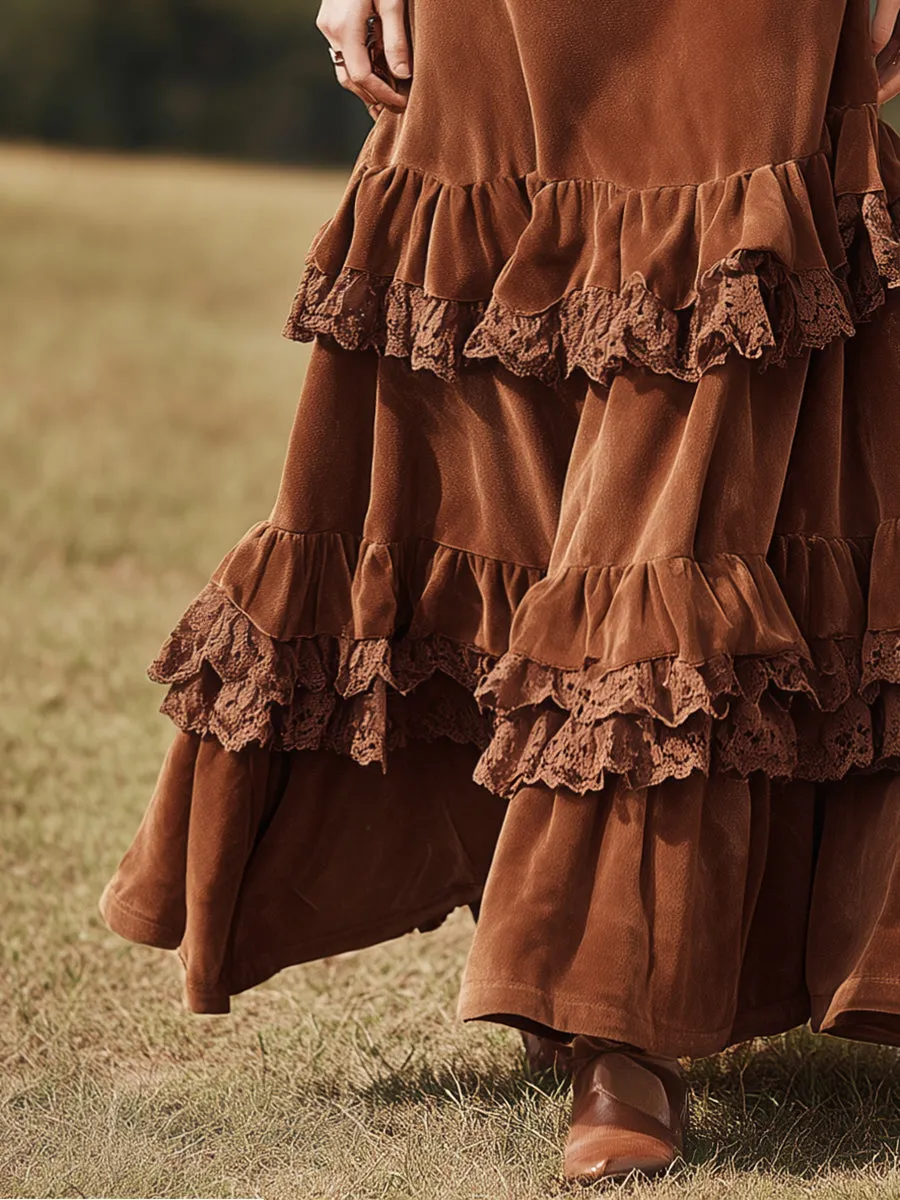 Romantic Western Lace Ruffle Brown Faux Suede Skirt sold by Oyrosy product image thumbnail 4