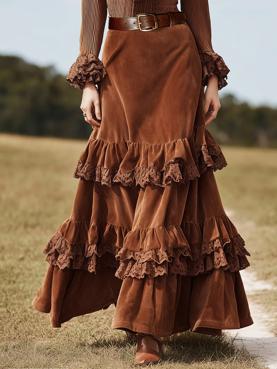 Romantic Western Lace Ruffle Brown Faux Suede Skirt sold by Oyrosy