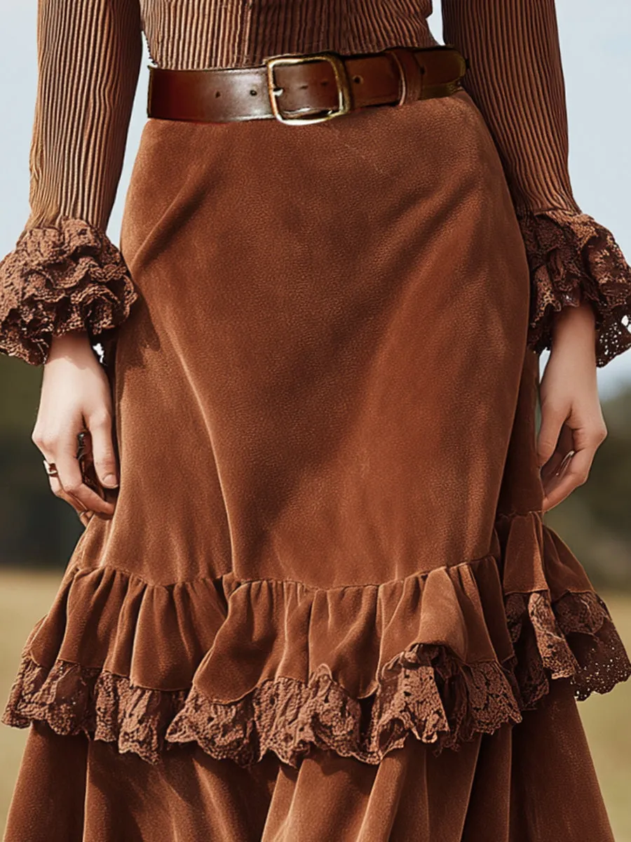 Romantic Western Lace Ruffle Brown Faux Suede Skirt sold by Oyrosy product image thumbnail 3