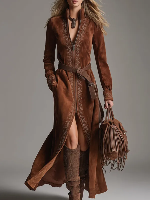 Vintage Western Exquisitely Embroidered Brown Zip-Front Faux Suede Maxi Dress sold by Oyrosy