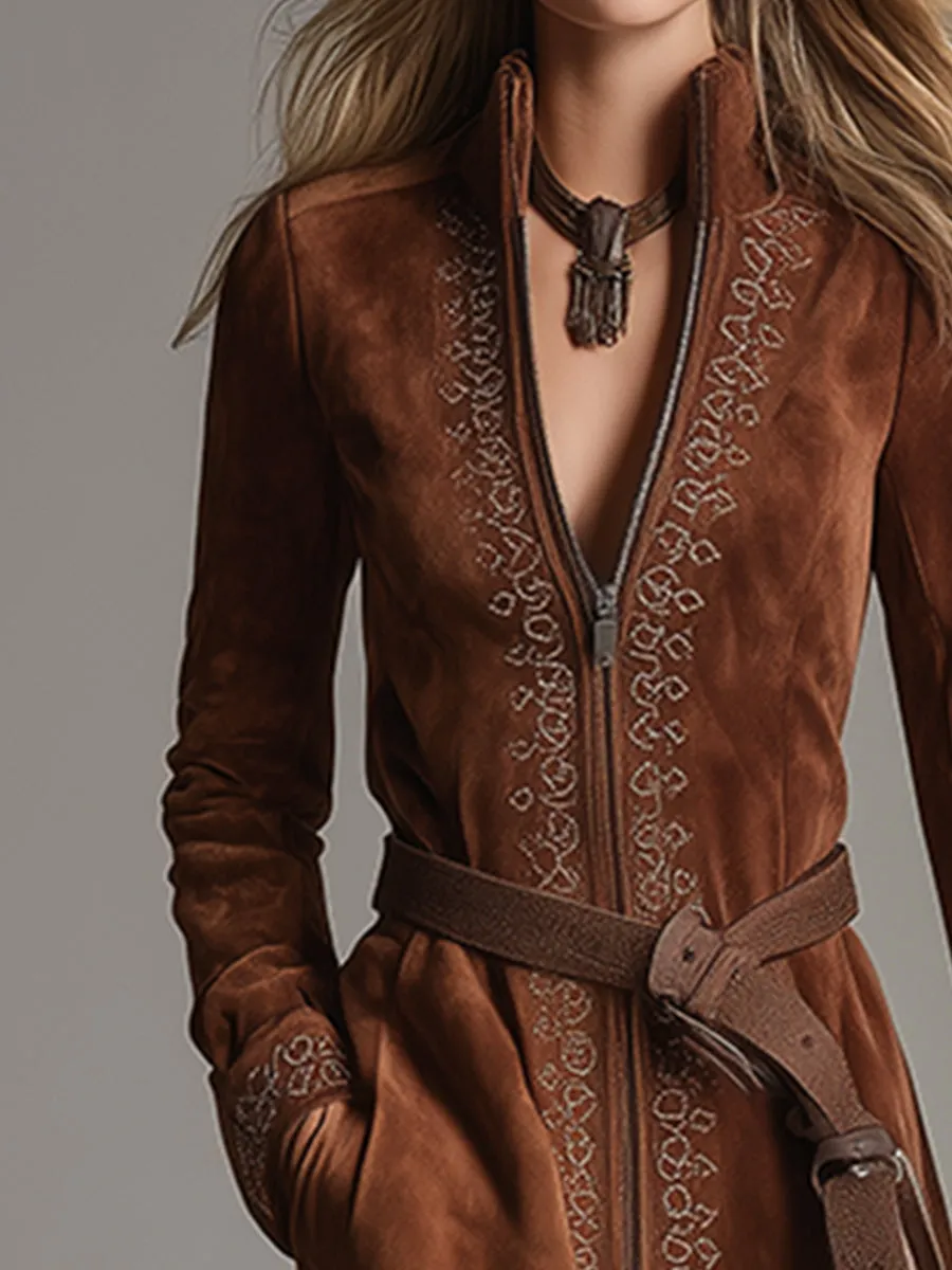 Vintage Western Exquisitely Embroidered Brown Zip-Front Faux Suede Maxi Dress sold by Oyrosy product image thumbnail 3