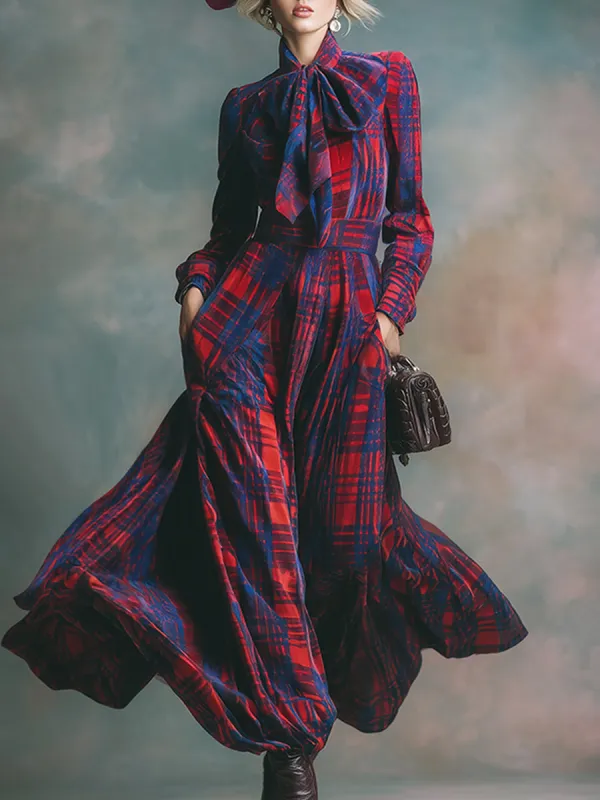 Retro Elegant Red Plaid Print Ribbon Velvet Maxi Dress sold by Oyrosy