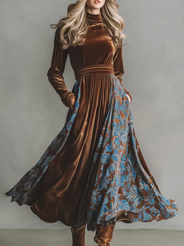 Elegant Retro Contrast Print Brown Velvet Maxi Dress sold by Oyrosy