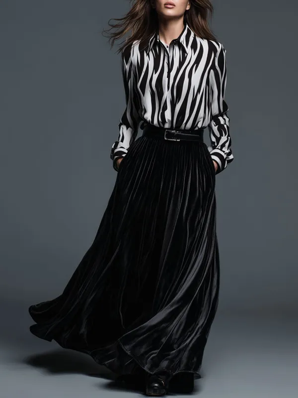 Casual Retro Zebra Print Long Sleeve Shirt Black Velvet Skirt Set sold by Oyrosy