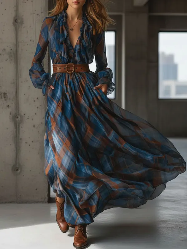 Fashion Retro V-neck Ruffled Blue And Brown Plaid Chiffon Maxi Dress sold by Oyrosy