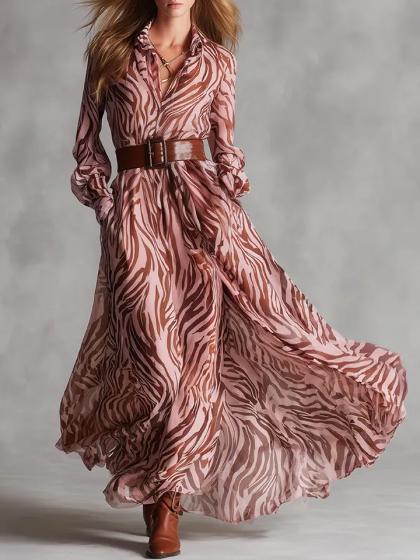 Fashion Retro Zebra Print Pink Chiffon Long Sleeve Shirt Maxi Dress sold by Oyrosy