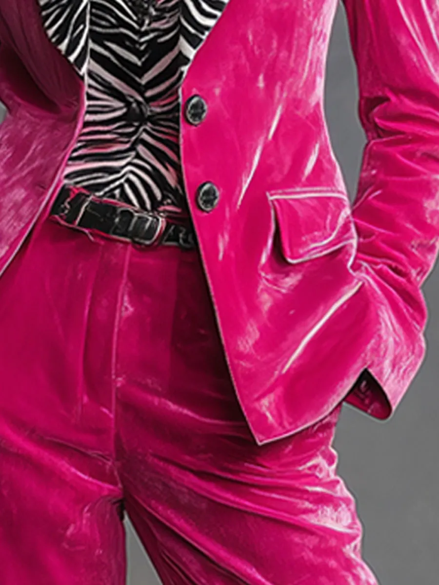 Casual Retro Zebra Print Lapel Rose Red Velvet Blazer sold by Oyrosy product image thumbnail 4