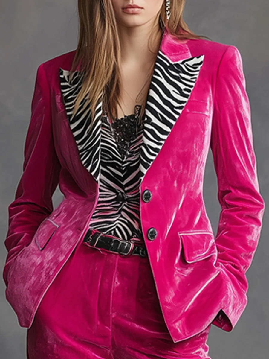Casual Retro Zebra Print Lapel Rose Red Velvet Blazer sold by Oyrosy