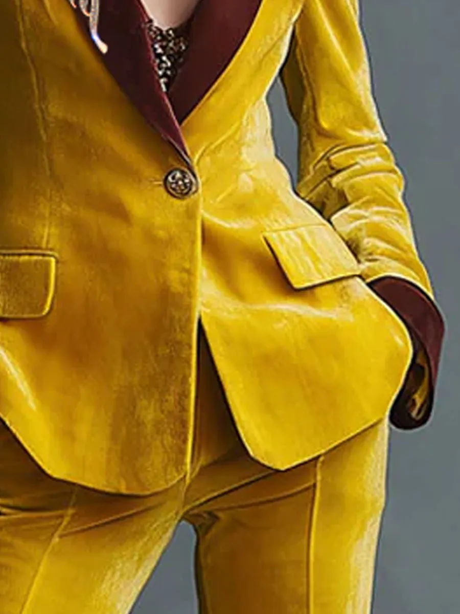 Casual Retro Colorblock Lapel Yellow Velvet Blazer sold by Oyrosy product image thumbnail 4