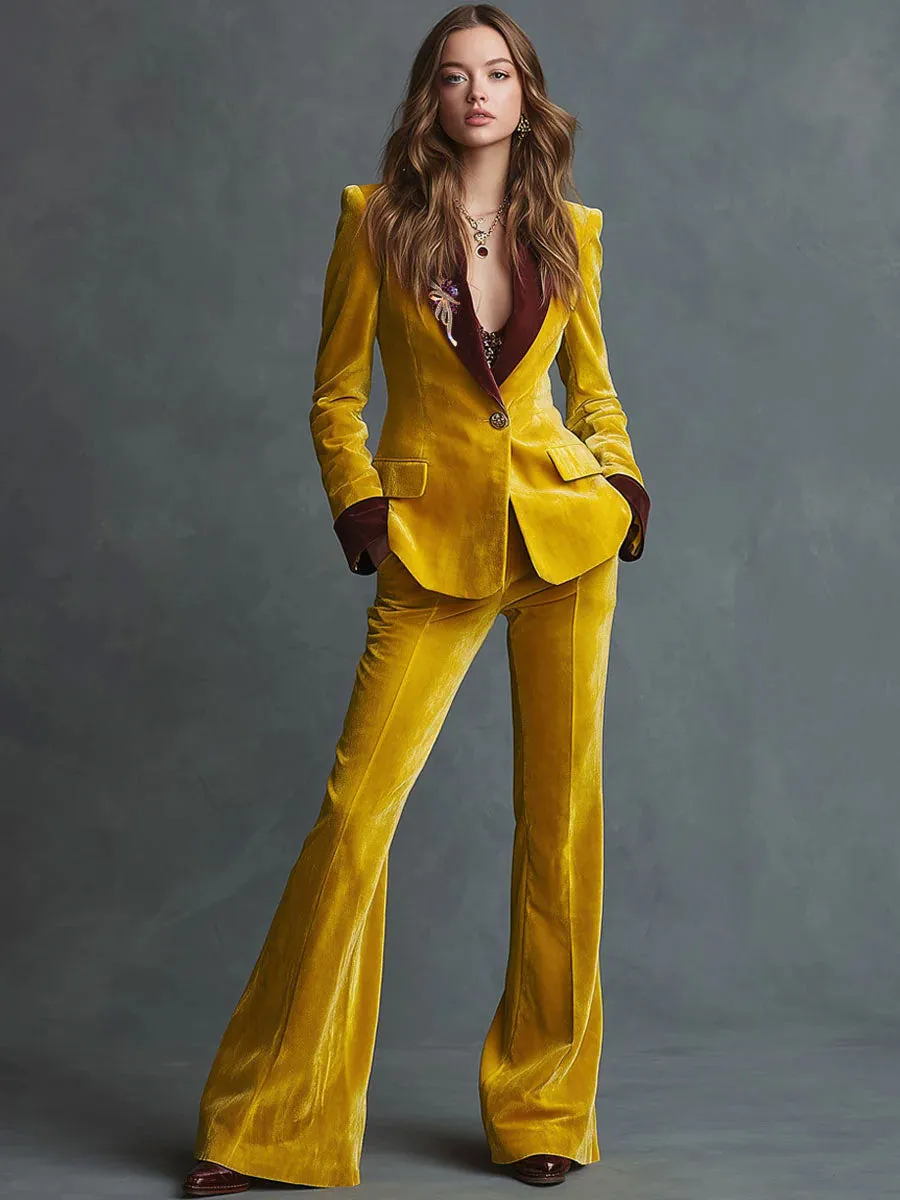 Casual Retro Colorblock Lapel Yellow Velvet Blazer sold by Oyrosy product image thumbnail 2