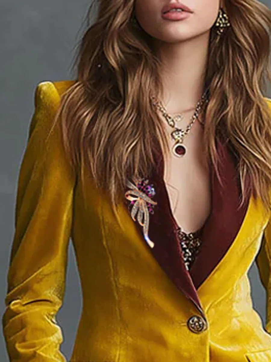 Casual Retro Colorblock Lapel Yellow Velvet Blazer sold by Oyrosy product image thumbnail 3