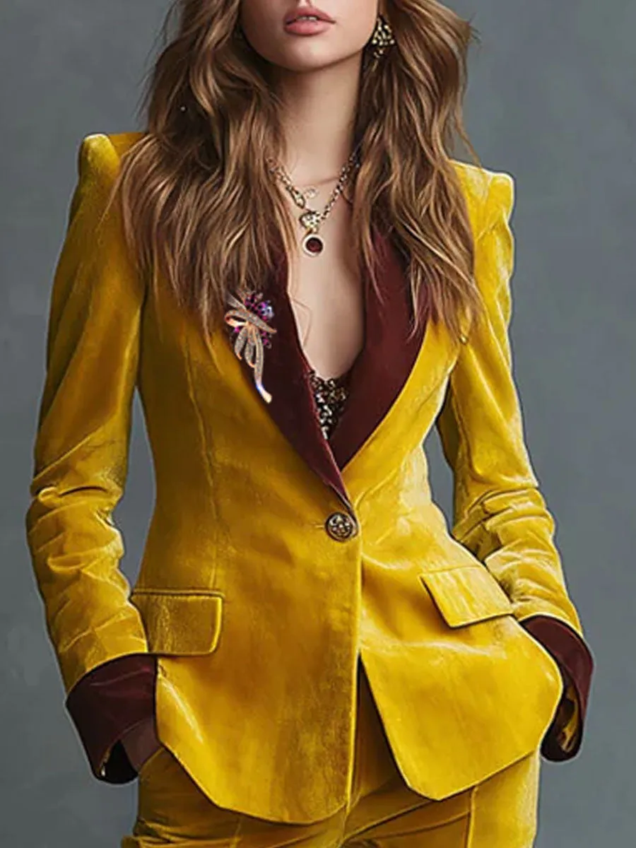 Casual Retro Colorblock Lapel Yellow Velvet Blazer sold by Oyrosy