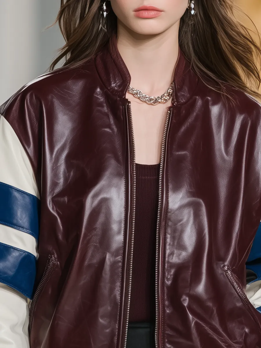 Vintage Stand Collar Stitching Contrast Color PU Jacket sold by Oyrosy product image thumbnail 3