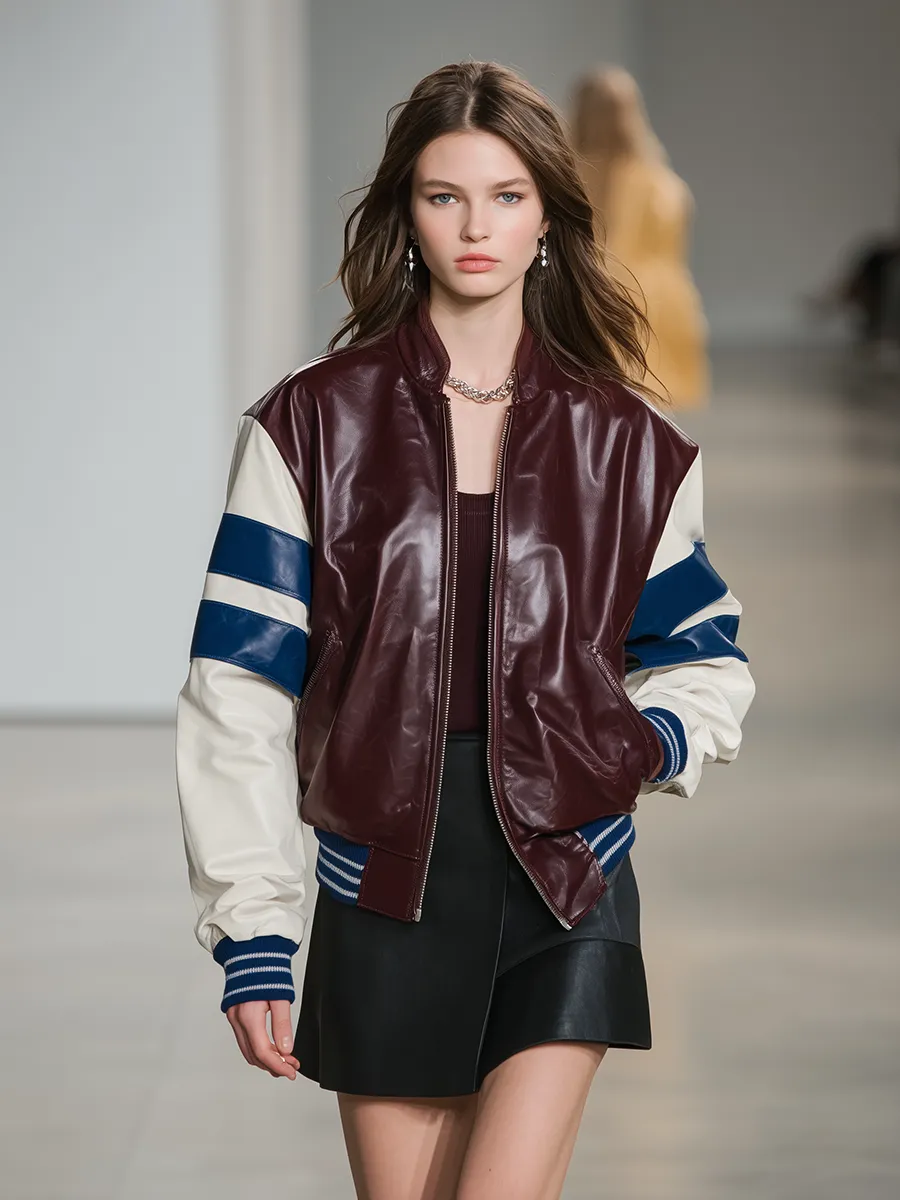 Vintage Stand Collar Stitching Contrast Color PU Jacket sold by Oyrosy product image thumbnail 2