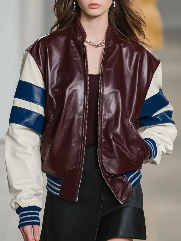 Vintage Stand Collar Stitching Contrast Color PU Jacket sold by Oyrosy