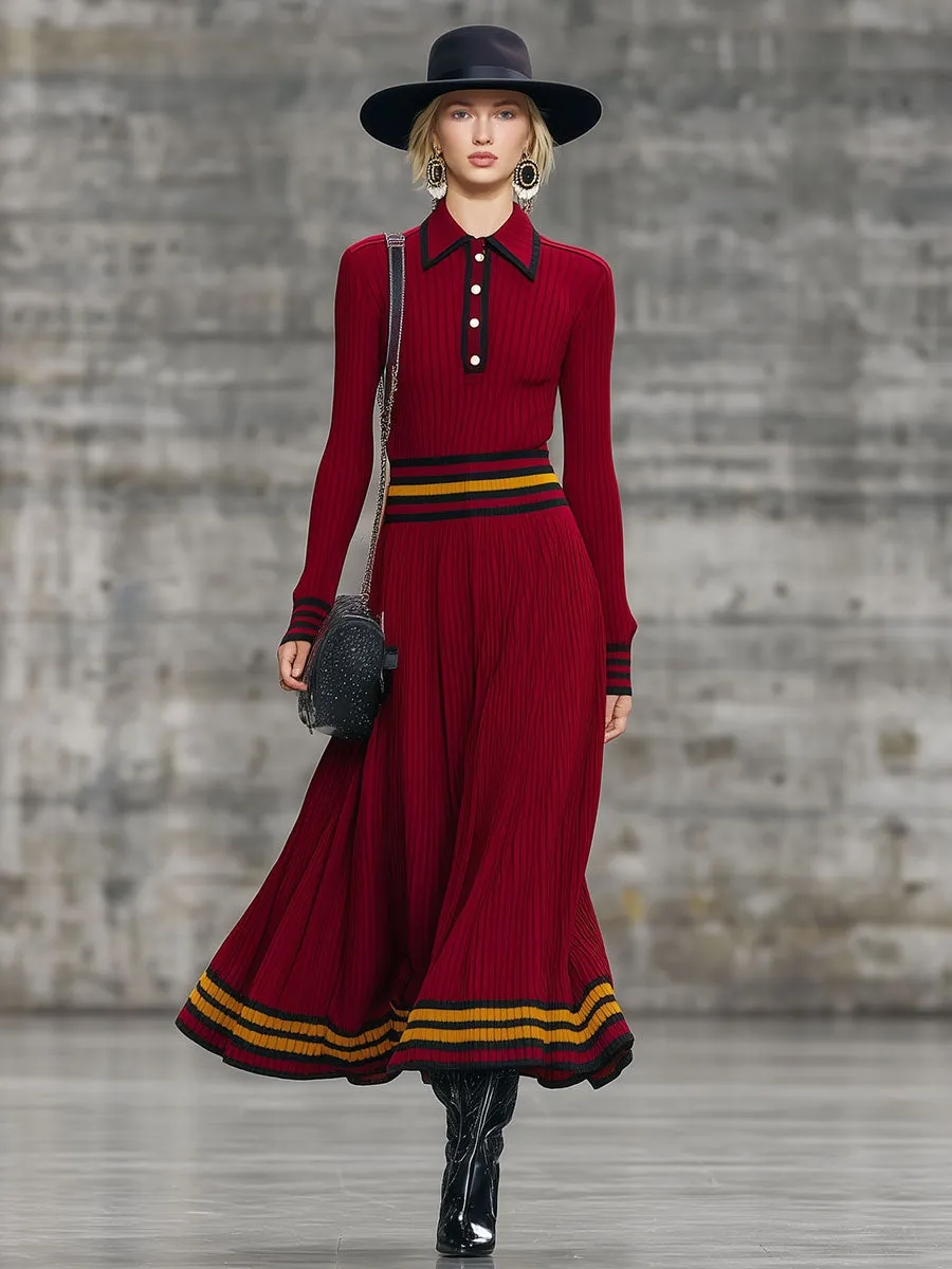 Retro Lapel Red Contrast Edge Knitted Midi Dress sold by Oyrosy product image thumbnail 2