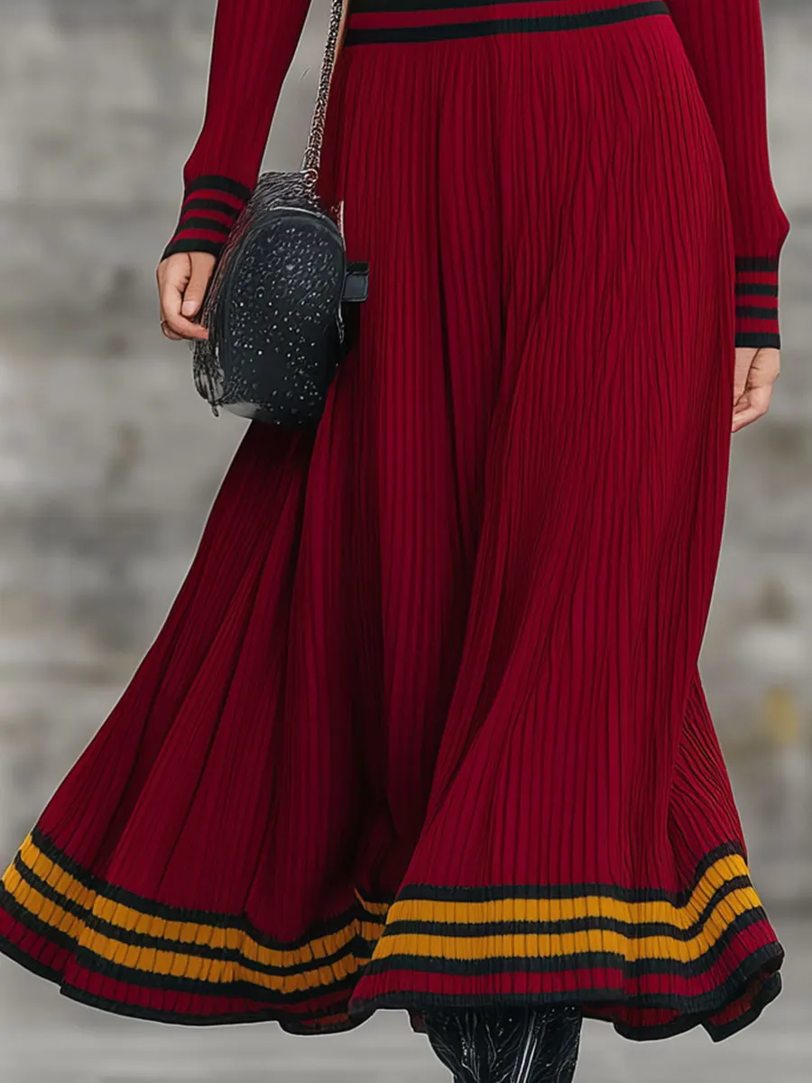 Retro Lapel Red Contrast Edge Knitted Midi Dress sold by Oyrosy product image thumbnail 4