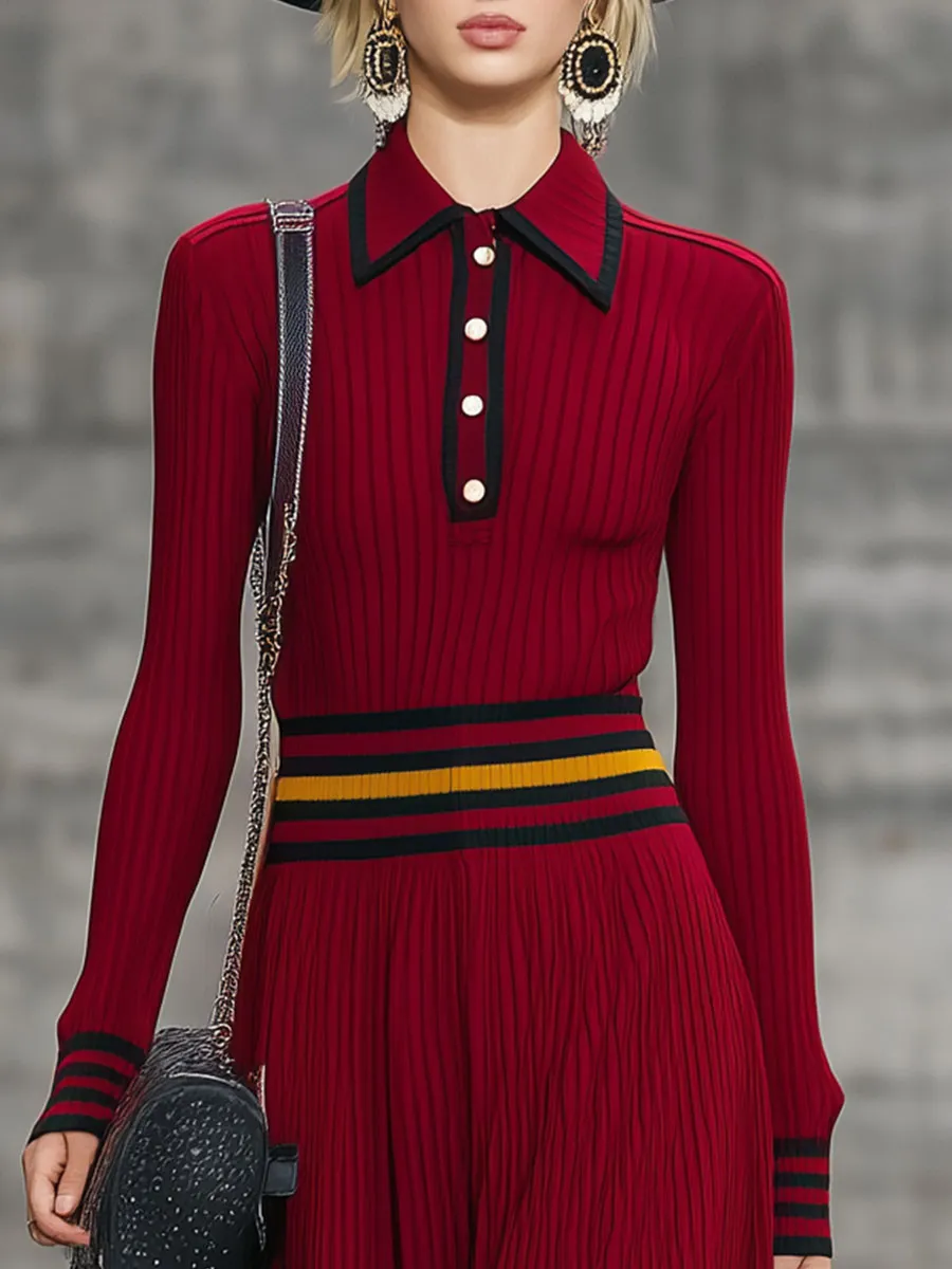 Retro Lapel Red Contrast Edge Knitted Midi Dress sold by Oyrosy product image thumbnail 3