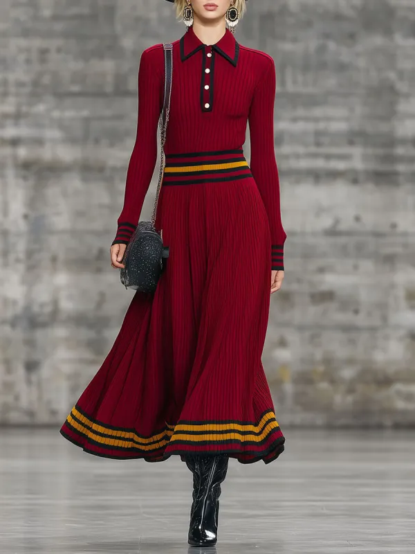 Retro Lapel Red Contrast Edge Knitted Midi Dress sold by Oyrosy