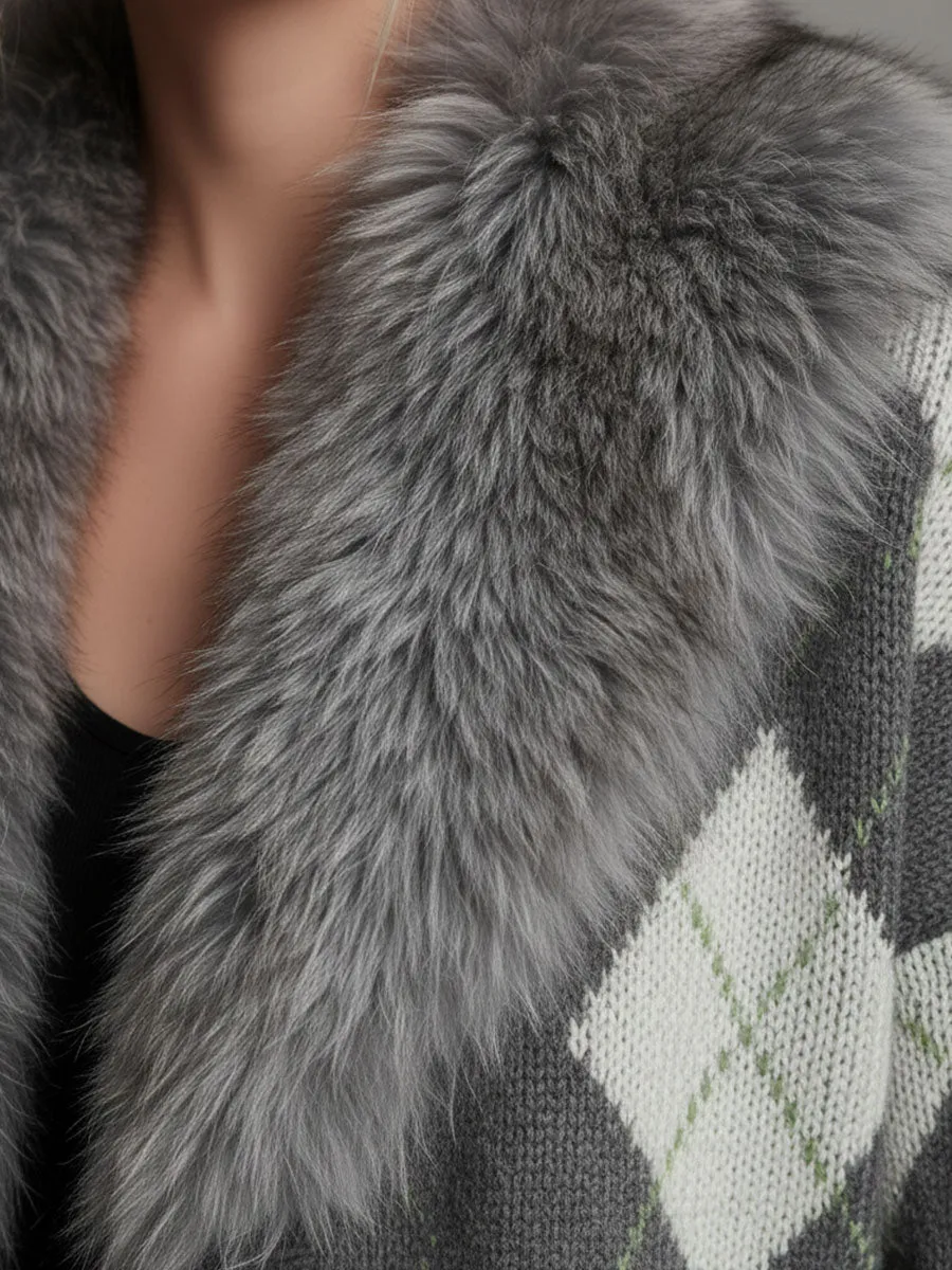 Fashion Retro Gray Diamond Fur Collar Knitted Cardigan sold by Oyrosy product image thumbnail 3