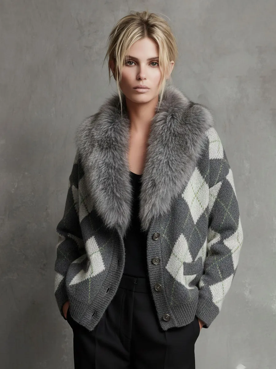 Fashion Retro Gray Diamond Fur Collar Knitted Cardigan sold by Oyrosy product image thumbnail 2