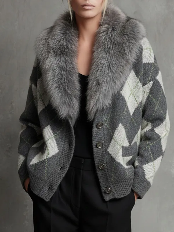 Fashion Retro Gray Diamond Fur Collar Knitted Cardigan sold by Oyrosy
