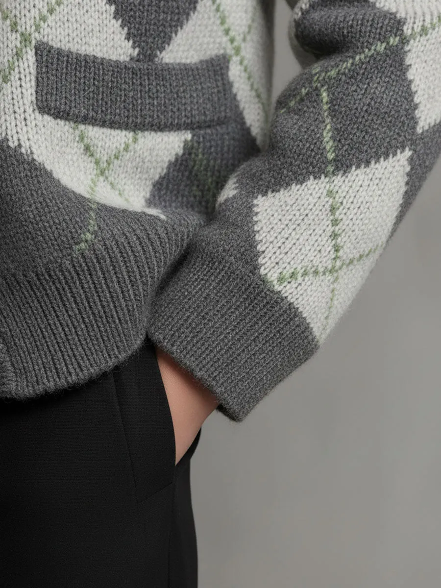 Fashion Retro Gray Diamond Fur Collar Knitted Cardigan sold by Oyrosy product image thumbnail 4