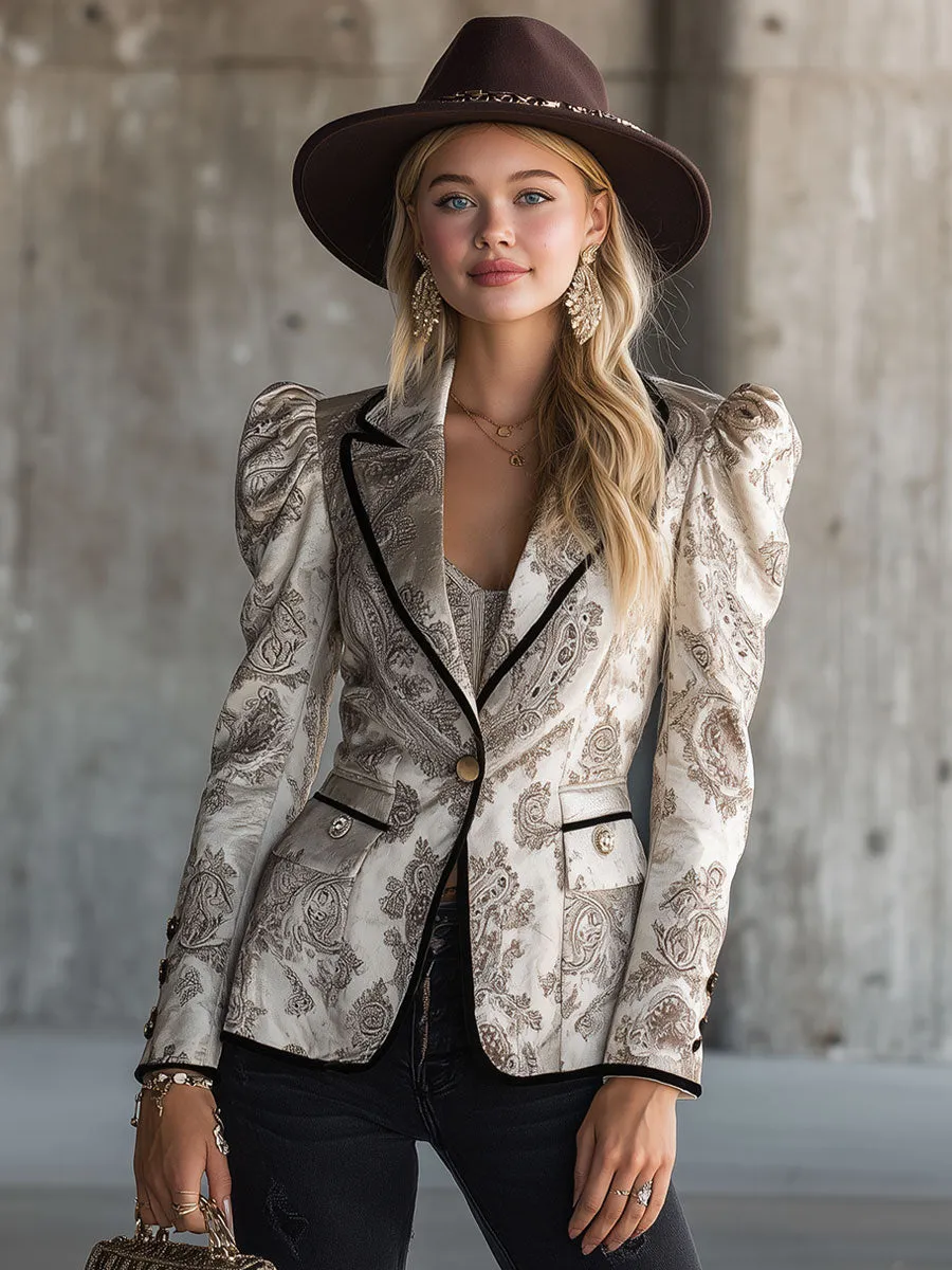 Vintage White Paisley Velvet Print Blazer sold by Oyrosy product image thumbnail 2