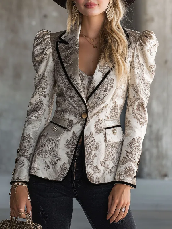 Vintage White Paisley Velvet Print Blazer sold by Oyrosy