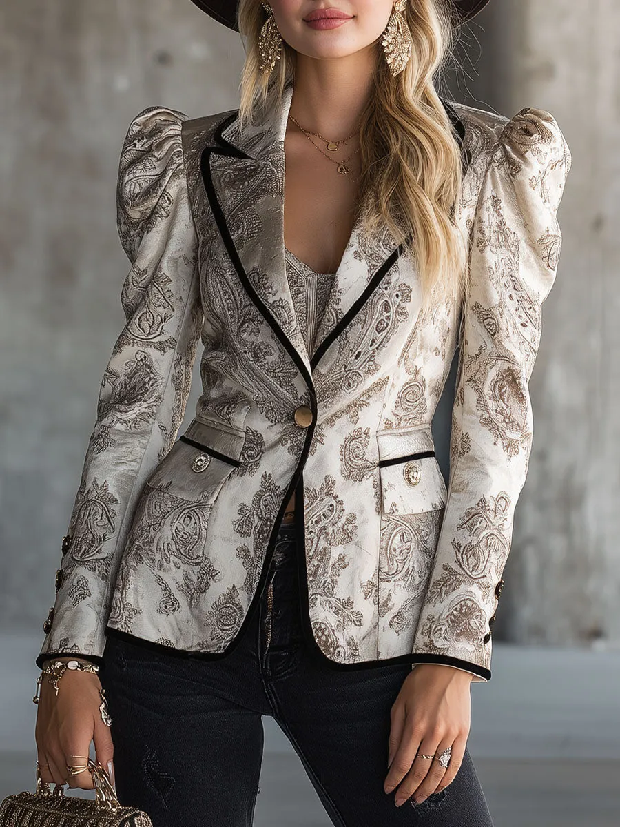 Vintage White Paisley Velvet Print Blazer sold by Oyrosy