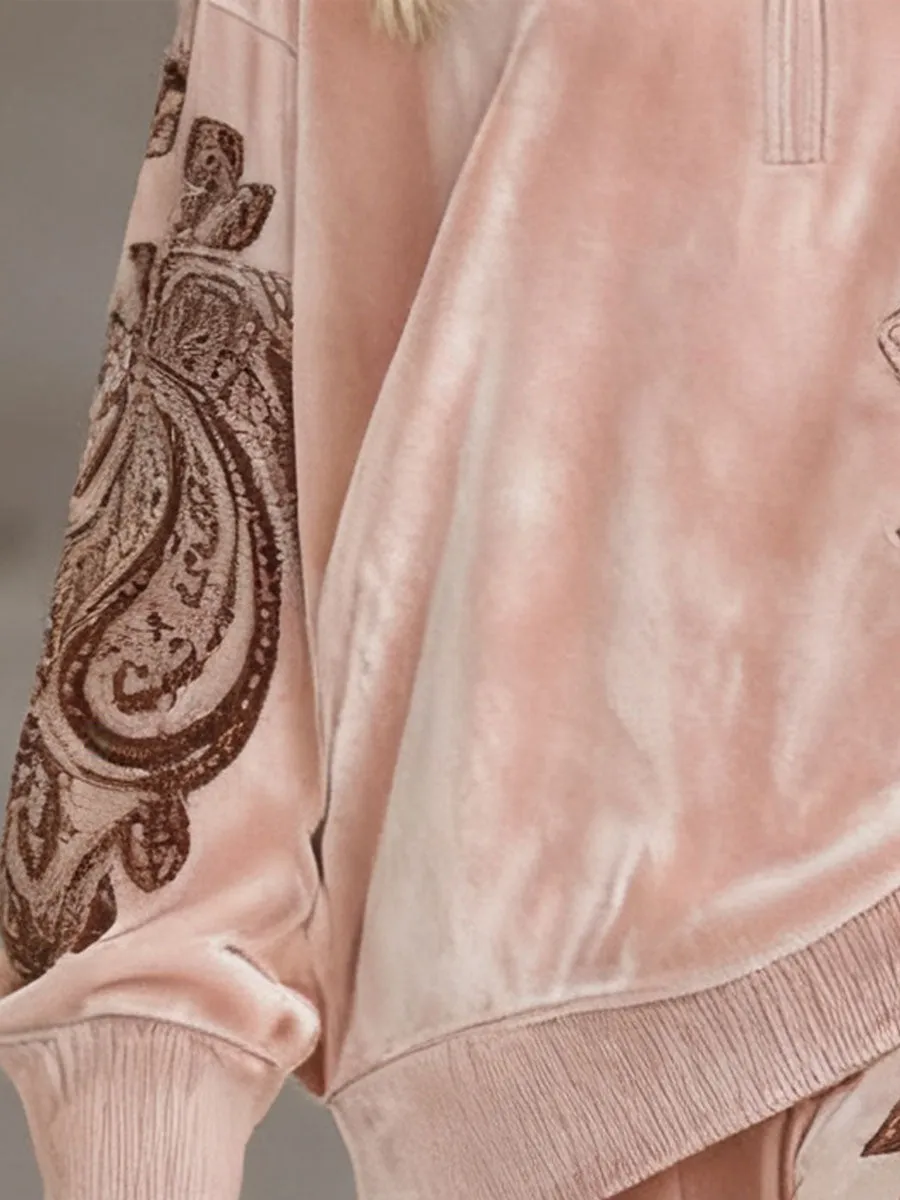 High-end Comfortable Pink Antique Paisley Embroidered Velvet Top And Pants Two-piece Set sold by Oyrosy product image thumbnail 4
