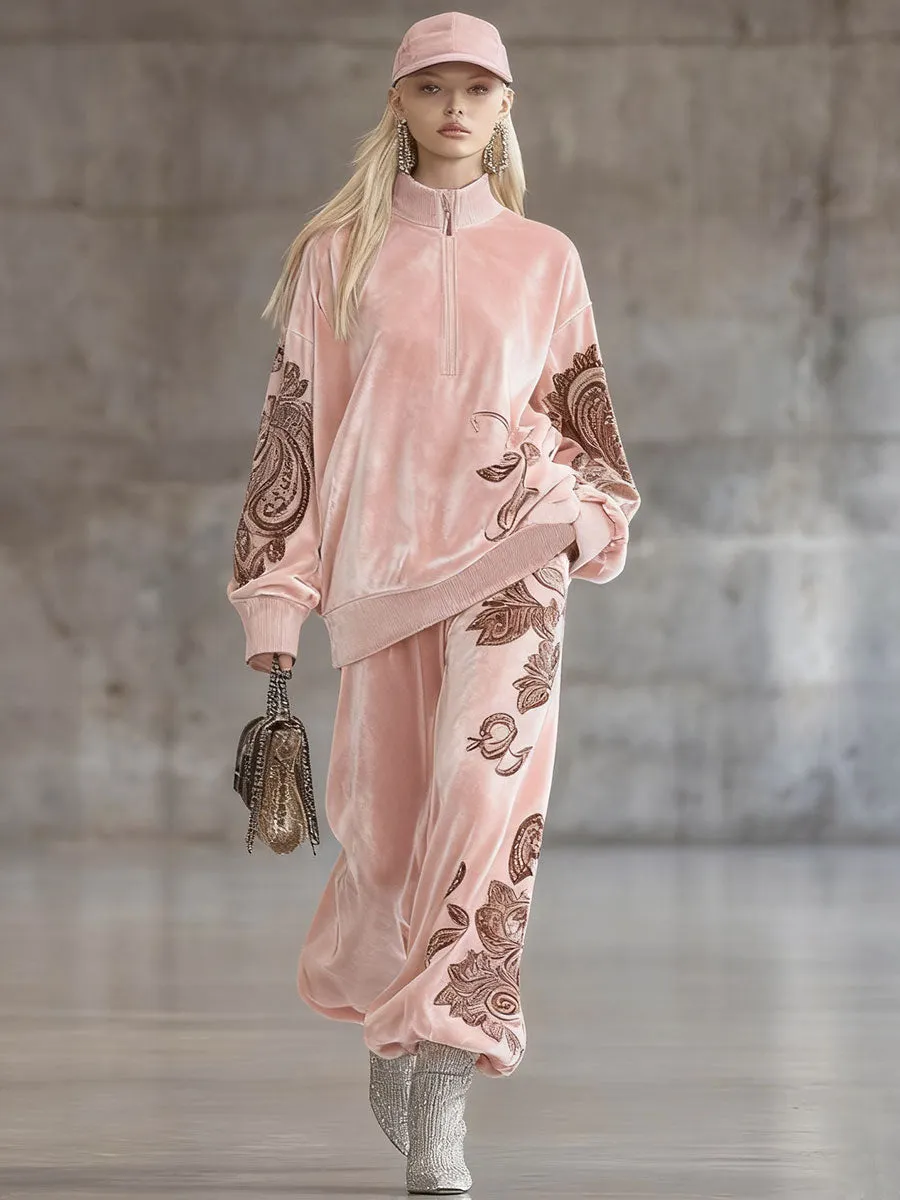 High-end Comfortable Pink Antique Paisley Embroidered Velvet Top And Pants Two-piece Set sold by Oyrosy product image thumbnail 2