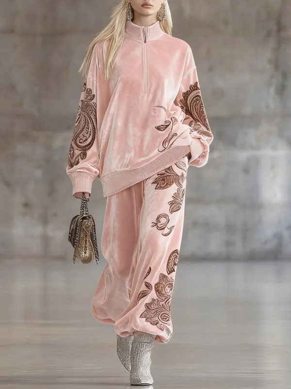 High-end Comfortable Pink Antique Paisley Embroidered Velvet Top And Pants Two-piece Set made by Oyrosy