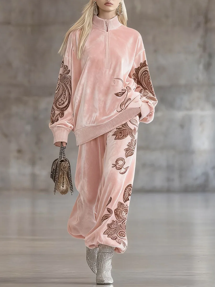 High-end Comfortable Pink Antique Paisley Embroidered Velvet Top And Pants Two-piece Set sold by Oyrosy