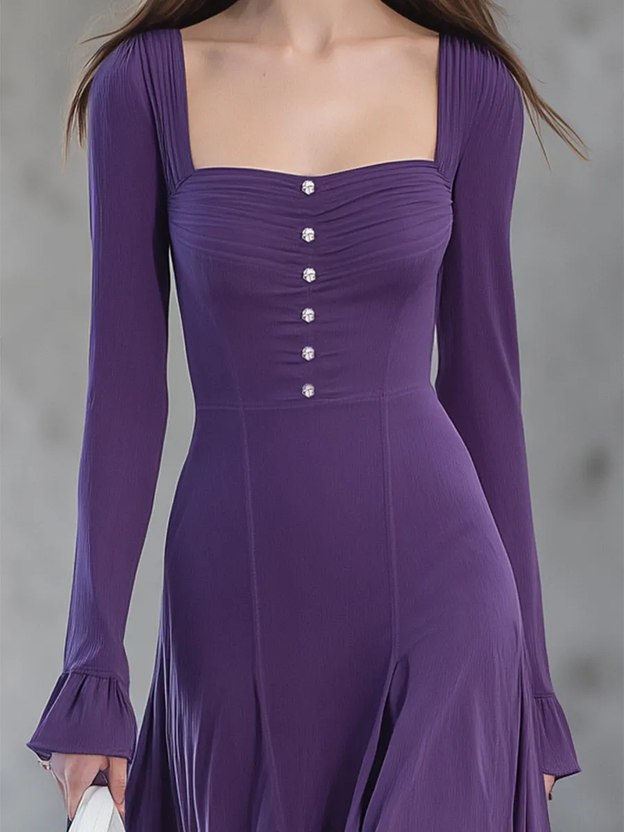 Elegant Purple Thick Chiffon Gradient Button Square Neck Maxi Dress sold by Oyrosy product image thumbnail 3
