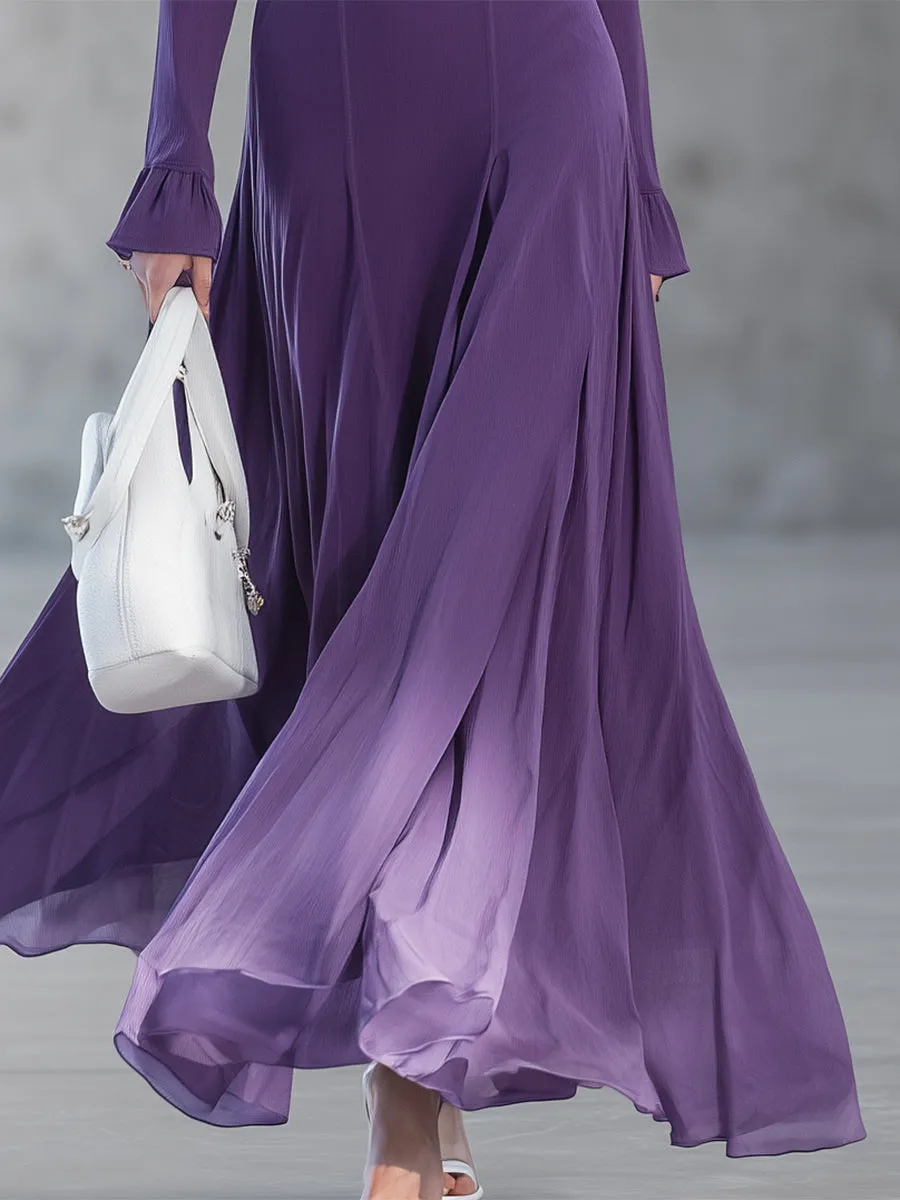 Elegant Purple Thick Chiffon Gradient Button Square Neck Maxi Dress sold by Oyrosy product image thumbnail 4
