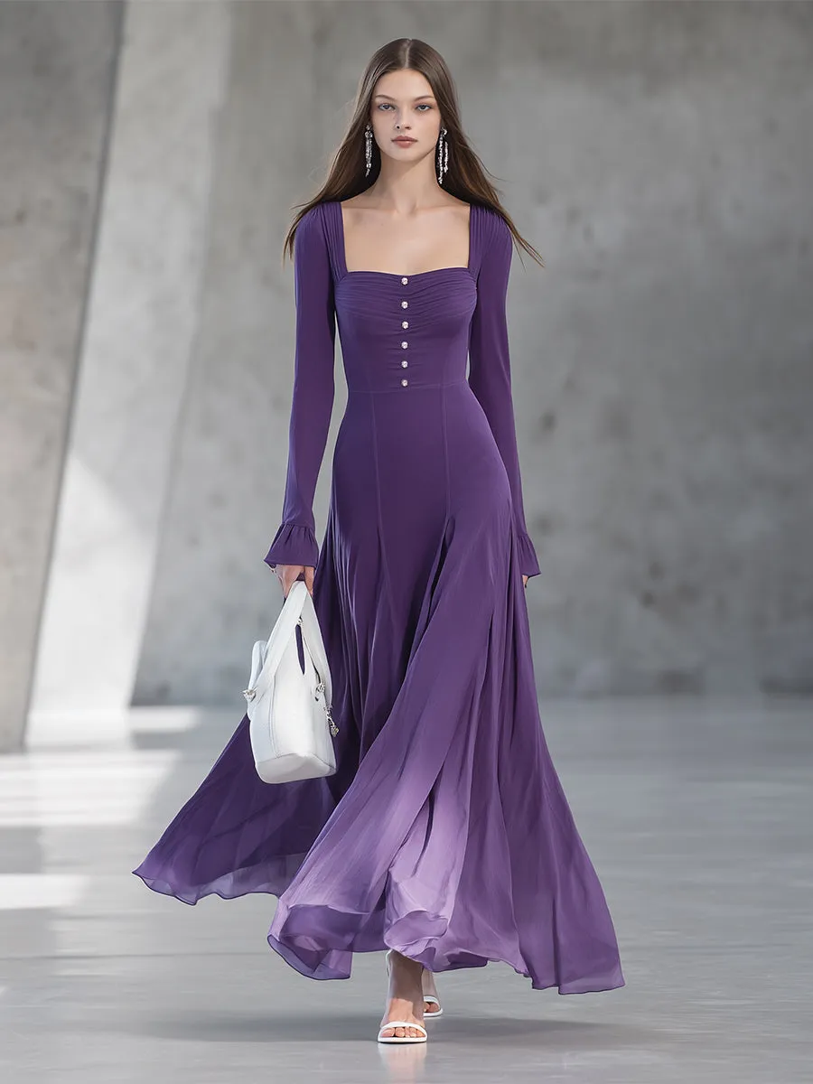 Elegant Purple Thick Chiffon Gradient Button Square Neck Maxi Dress sold by Oyrosy product image thumbnail 2