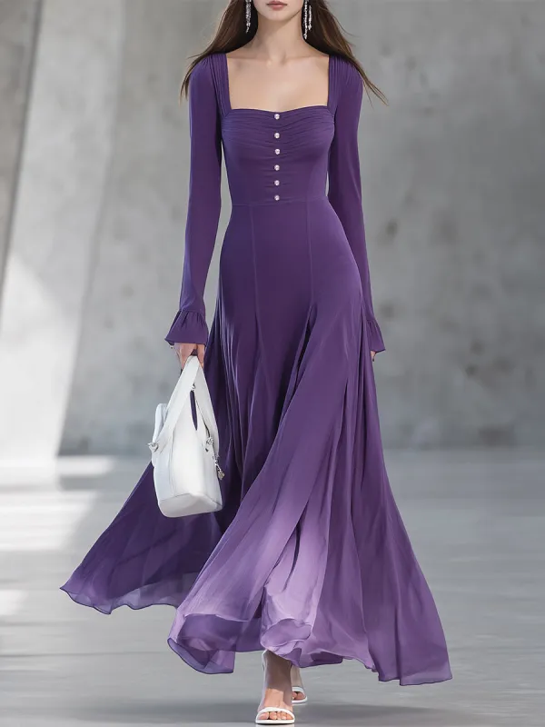 Elegant Purple Thick Chiffon Gradient Button Square Neck Maxi Dress sold by Oyrosy