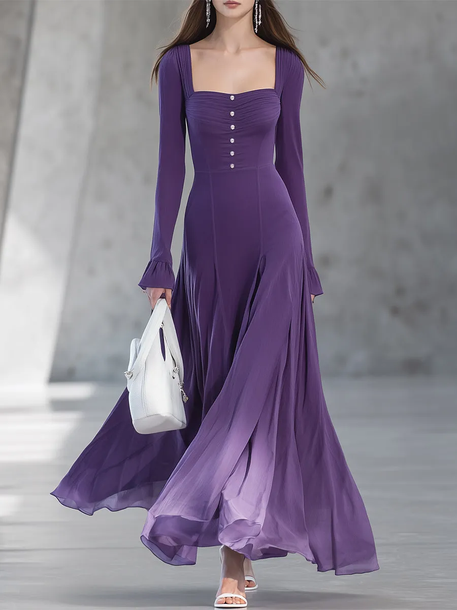 Elegant Purple Thick Chiffon Gradient Button Square Neck Maxi Dress sold by Oyrosy