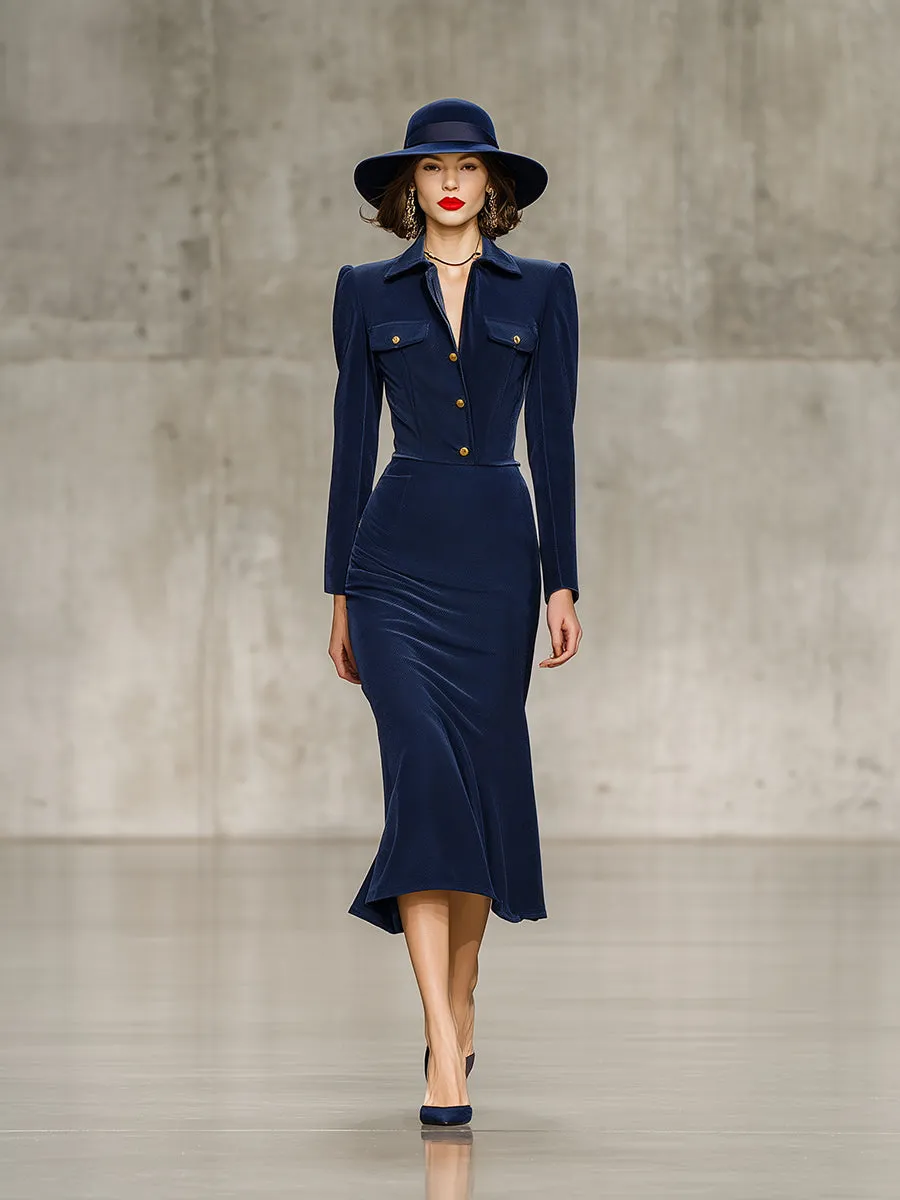 Fashion Navy Blue Shirt Collar Button Midi Dress sold by Oyrosy product image thumbnail 2