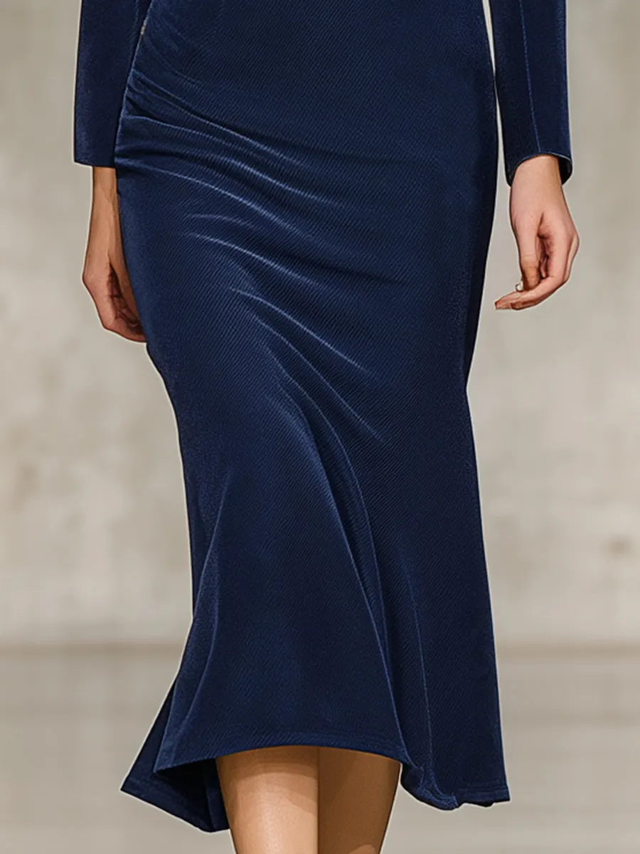 Fashion Navy Blue Shirt Collar Button Midi Dress sold by Oyrosy product image thumbnail 4