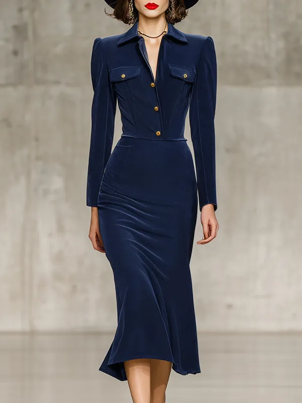 Fashion Navy Blue Shirt Collar Button Midi Dress sold by Oyrosy