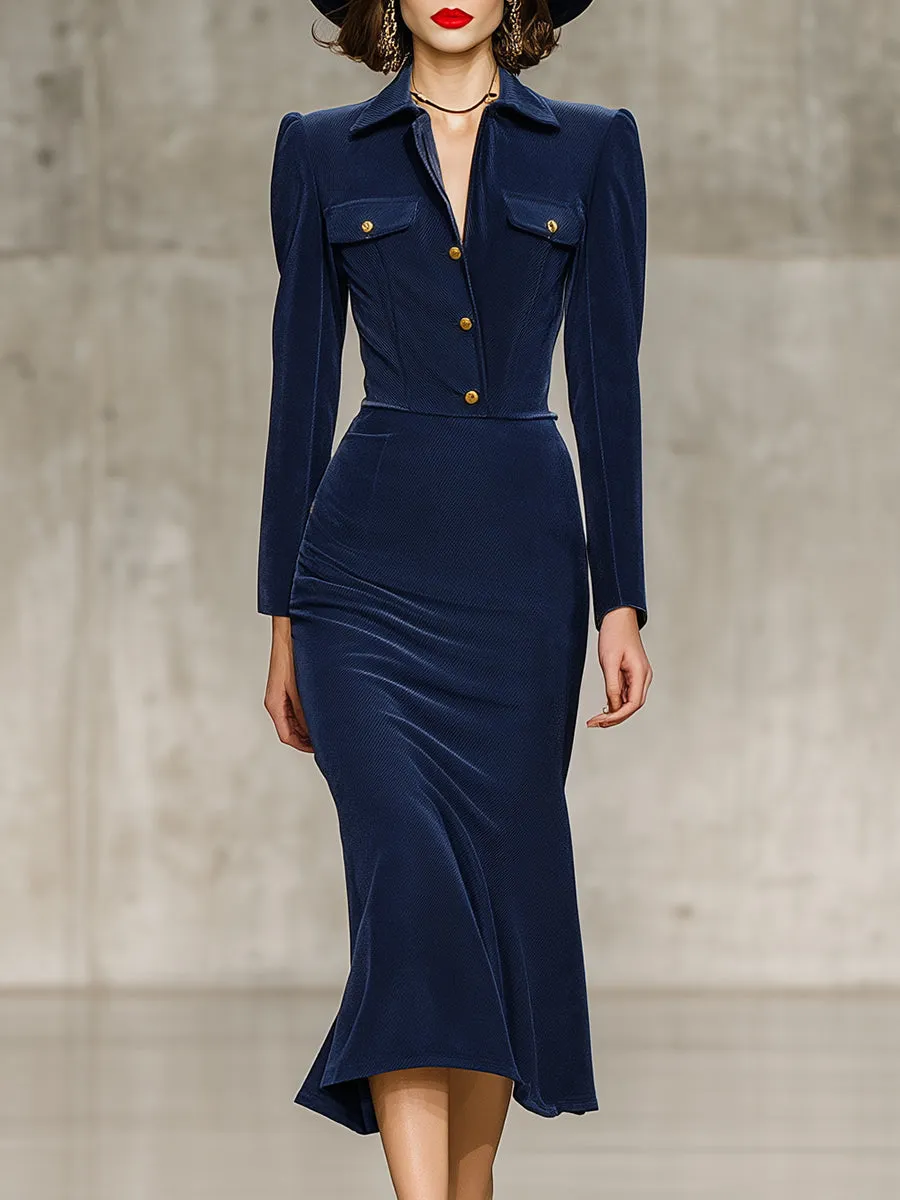 Fashion Navy Blue Shirt Collar Button Midi Dress sold by Oyrosy